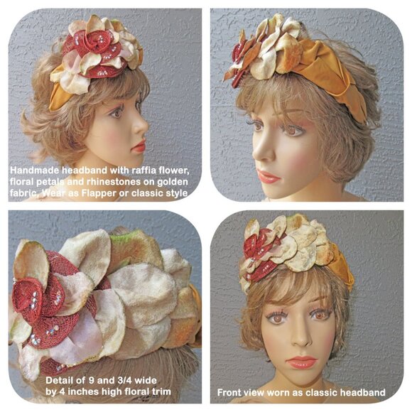 Handmade headband with raffia flower, floral petals & rhinestones, Beige & brown - Picture 1 of 13